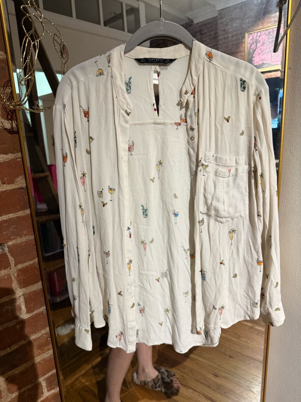 Zara Elegant Cream Button-Up with Cute Cocktail Motifs